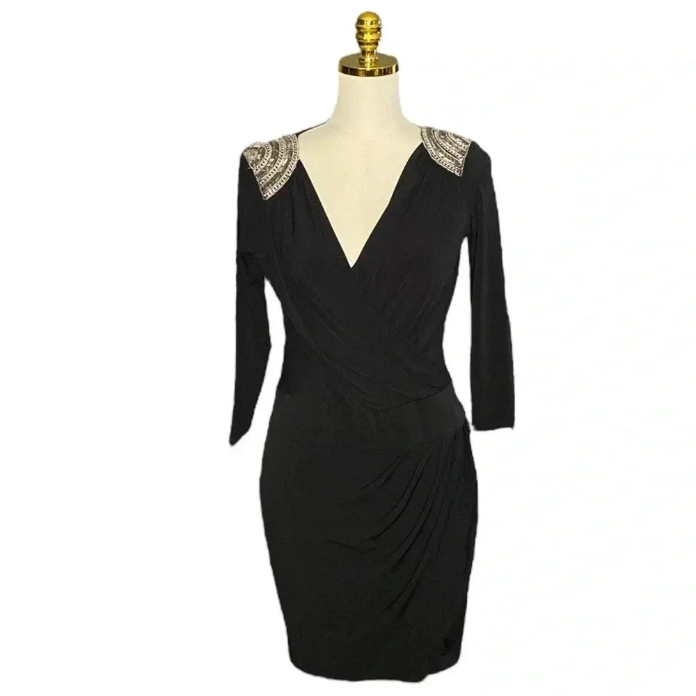 Cache | Black Faux Wrap Shoulder Embedded Ruched … - image 3